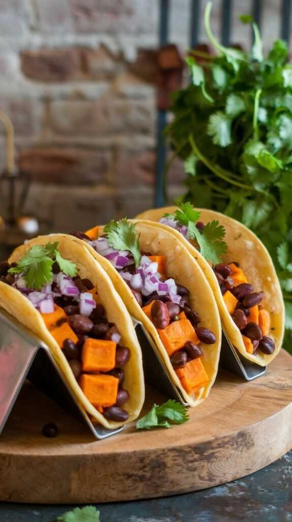 Three tacos filled with black beans, diced sweet potatoes, and red onions are displayed on a wooden board, garnished with fresh cilantro.