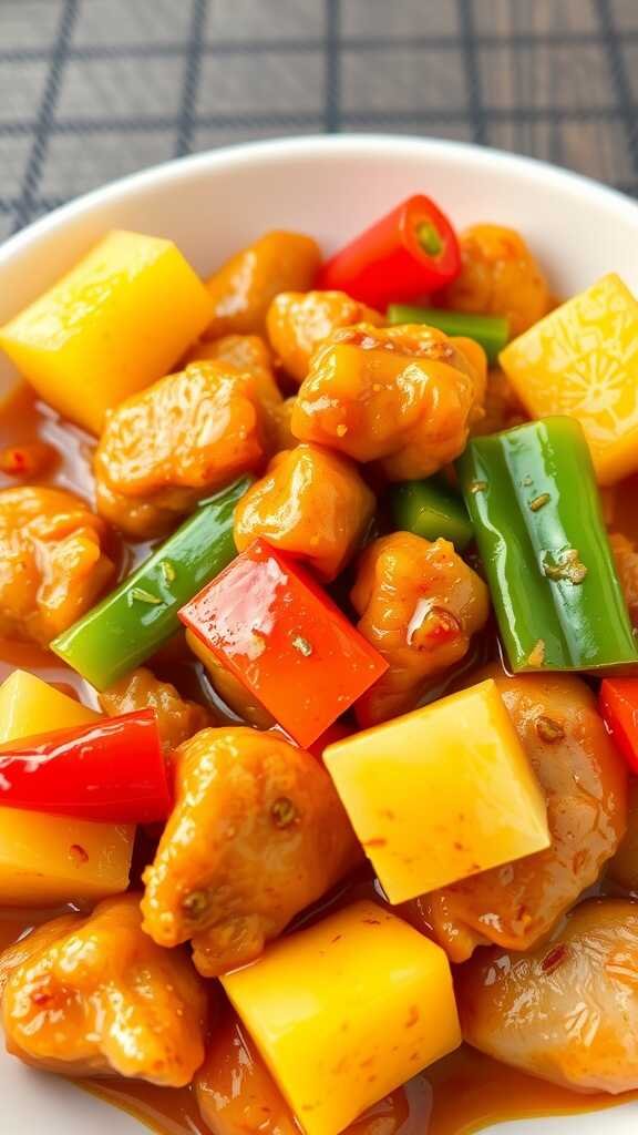 A serving of sweet and sour chicken with colorful vegetables.