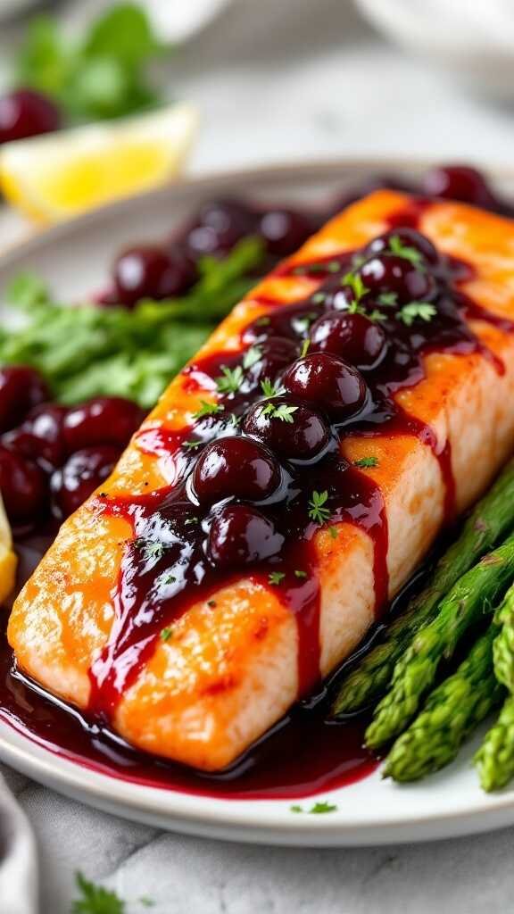 Sweet Cherry Glazed Salmon with asparagus and cherry sauce