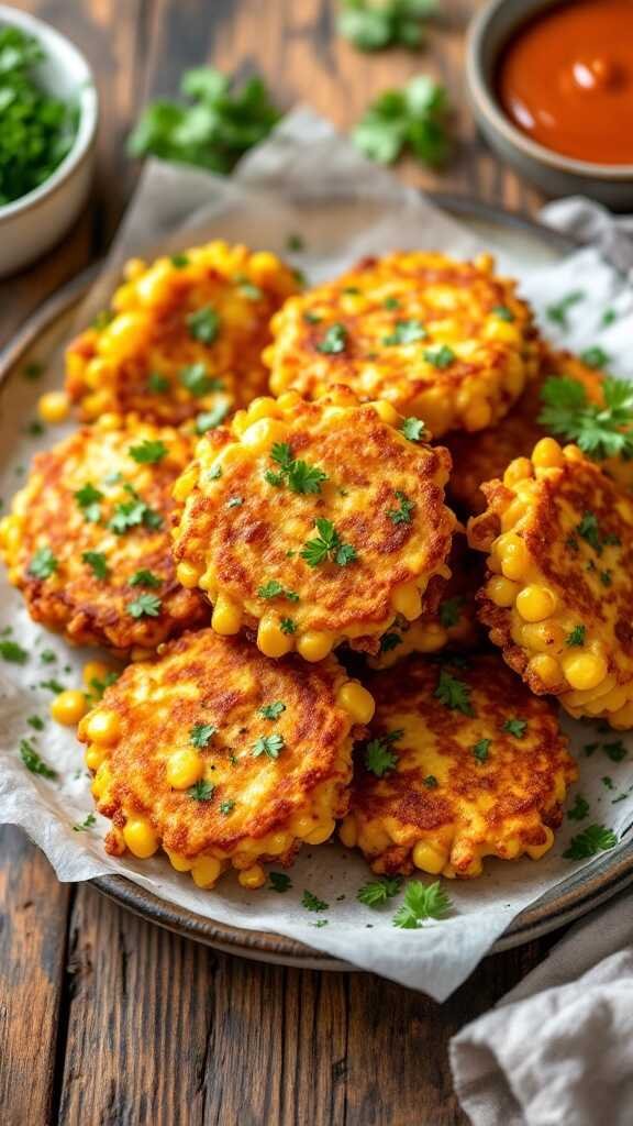 Deliciously crispy sweet corn fritters garnished with cilantro on a plate.
