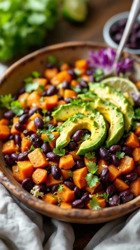 A vibrant bowl of sweet potato and black bean salad with avocado slices and fresh cilantro.