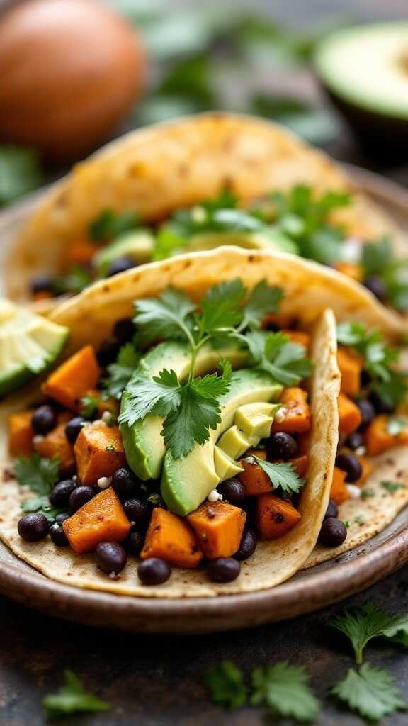 Sweet potato and black bean tacos on a plate, garnished with avocado and cilantro.