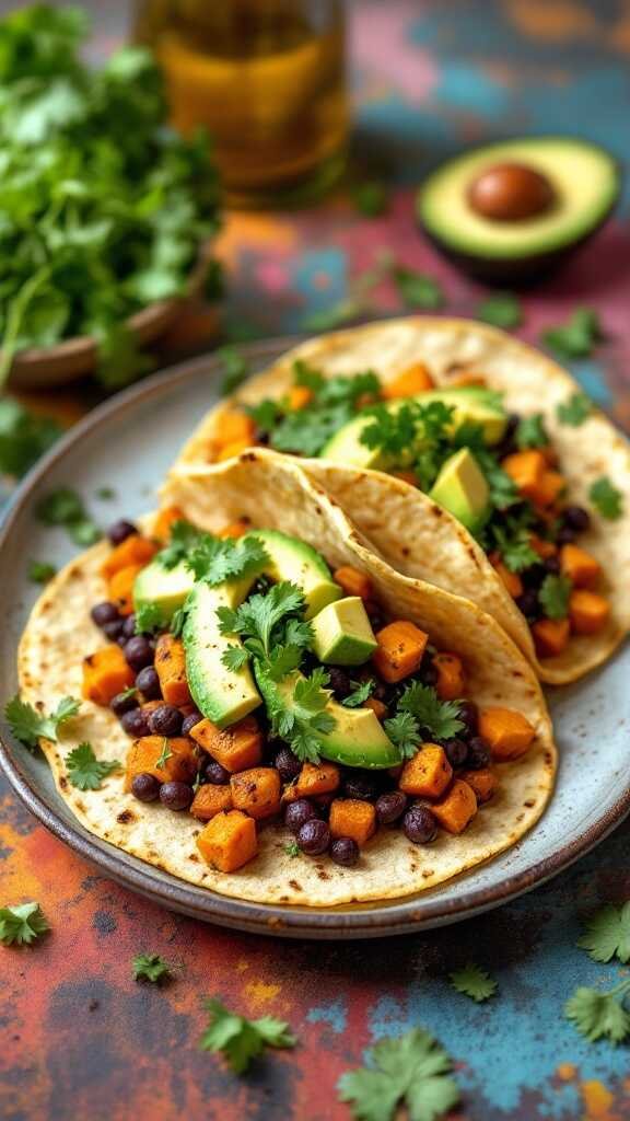 Sweet Potato and Black Bean Tacos with toppings