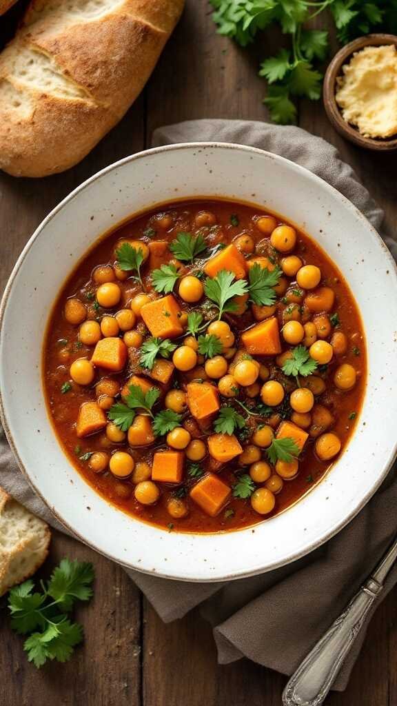 A bowl of sweet potato and chickpea stew with fresh herbs on top.