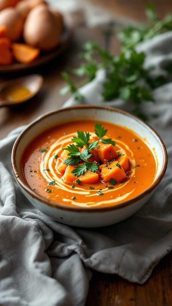 A bowl of creamy sweet potato and miso soup garnished with herbs.