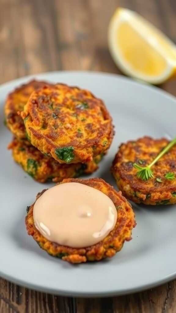 Sweet potato and spinach fritters served with a dipping sauce