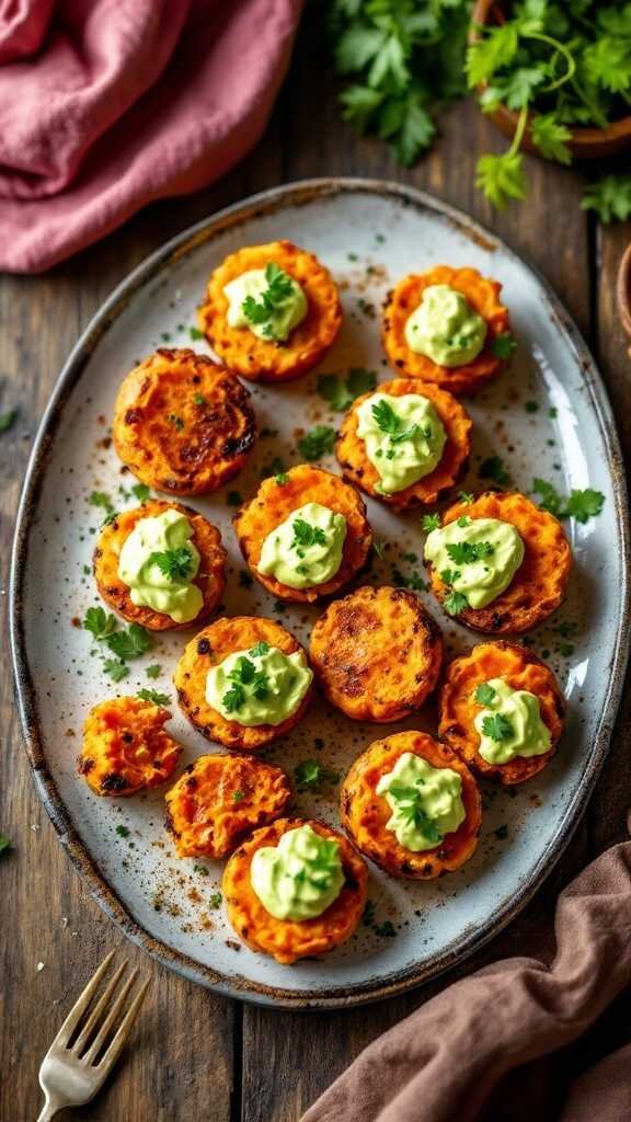 Delicious sweet potato bites topped with avocado and cilantro