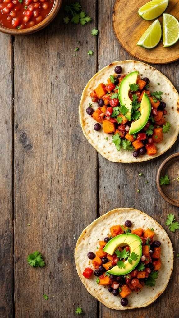 Delicious sweet potato black bean tacos with avocado and fresh cilantro