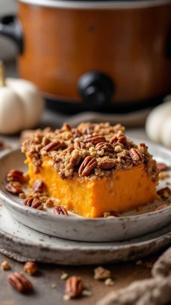 A delicious sweet potato casserole served with a crunchy topping of pecans and oats.