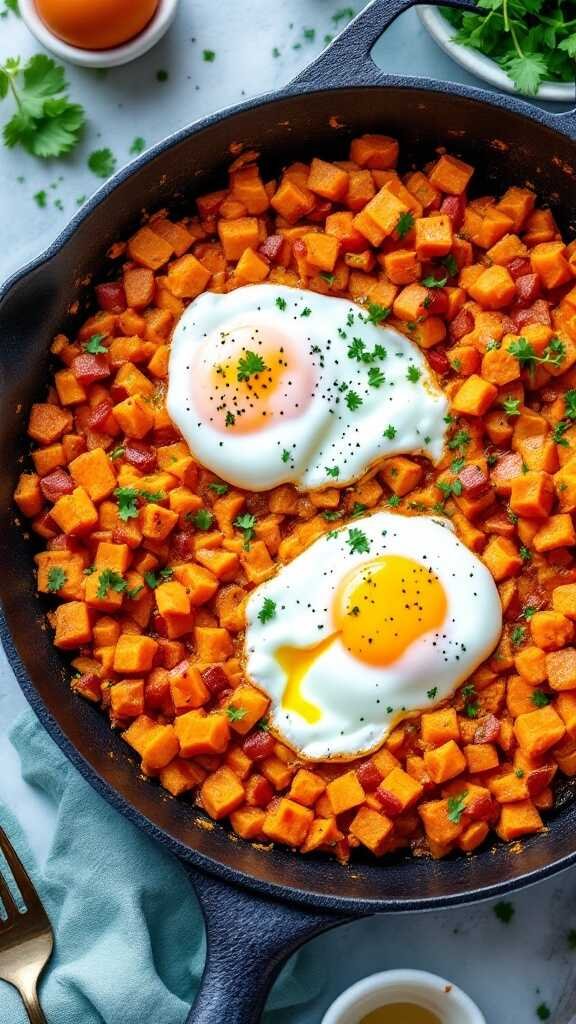 Sweet potato hash with poached eggs garnished with parsley