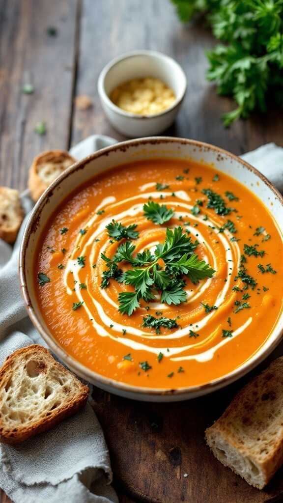 Bowl of sweet potato kale soup garnished with herbs and served with bread.