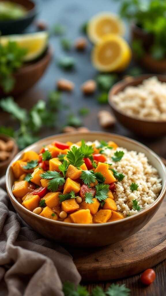 A bowl of sweet potato peanut curry served with rice and garnished with cilantro.