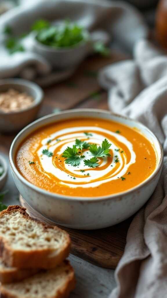 A bowl of Thai Red Curry Butternut Squash Soup garnished with cilantro and lime.