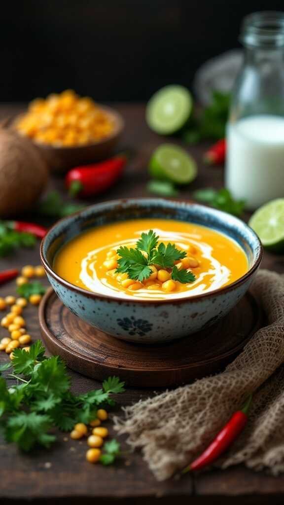 Creamy Sweetcorn and Coconut Soup garnished with cilantro