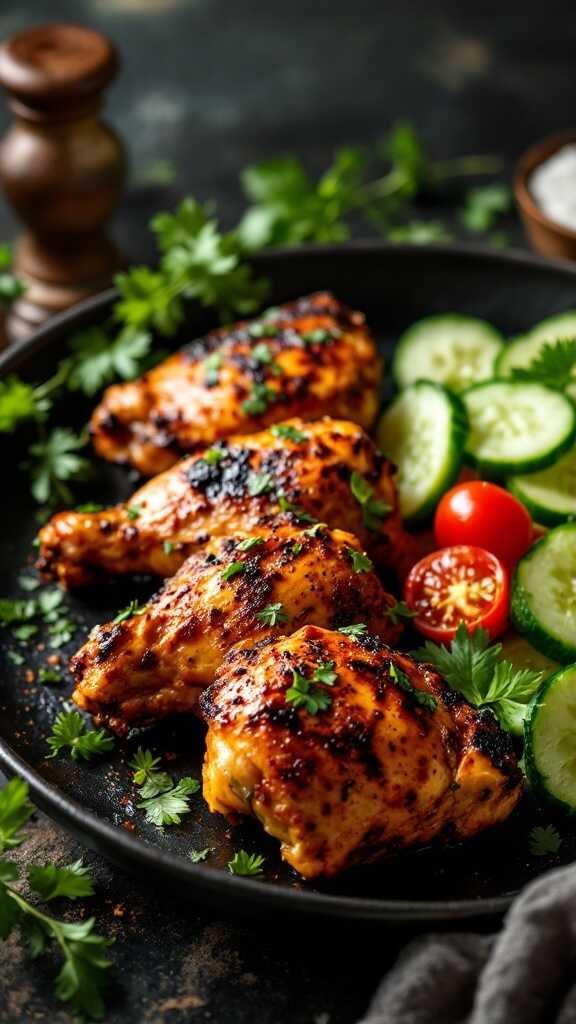 Tandoori chicken thighs served with fresh vegetables