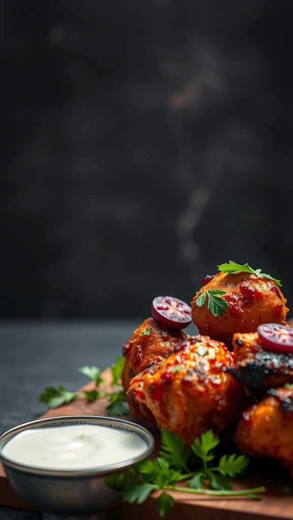 Tandoori chicken served with a yogurt sauce and garnished with fresh herbs.