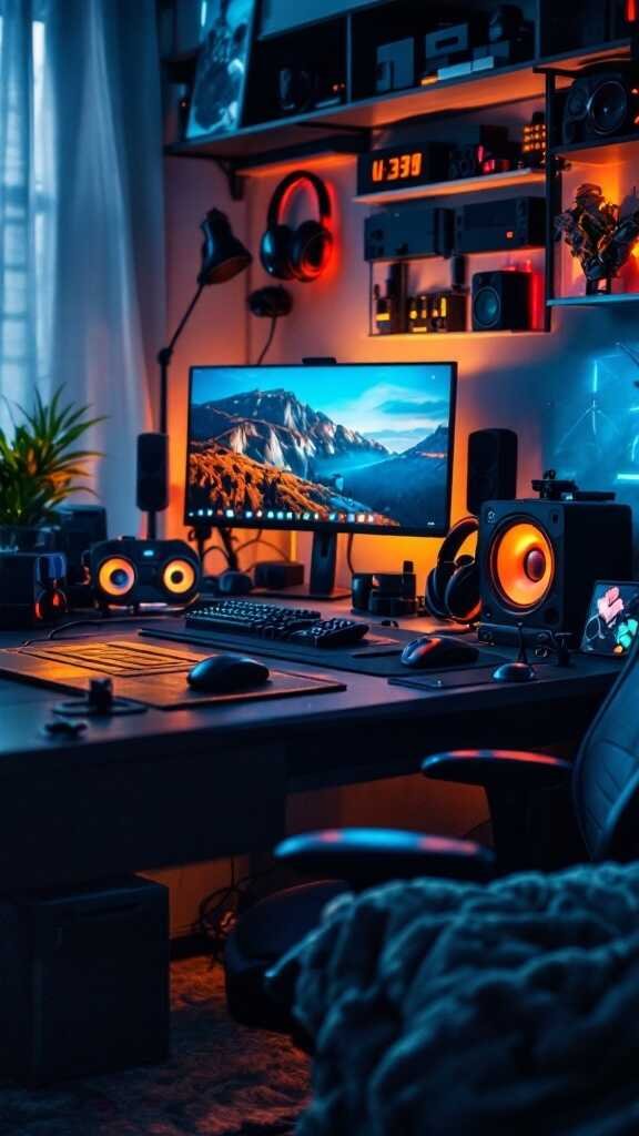 A modern gaming setup featuring a monitor, speakers, and colorful LED lighting in a stylish bedroom.