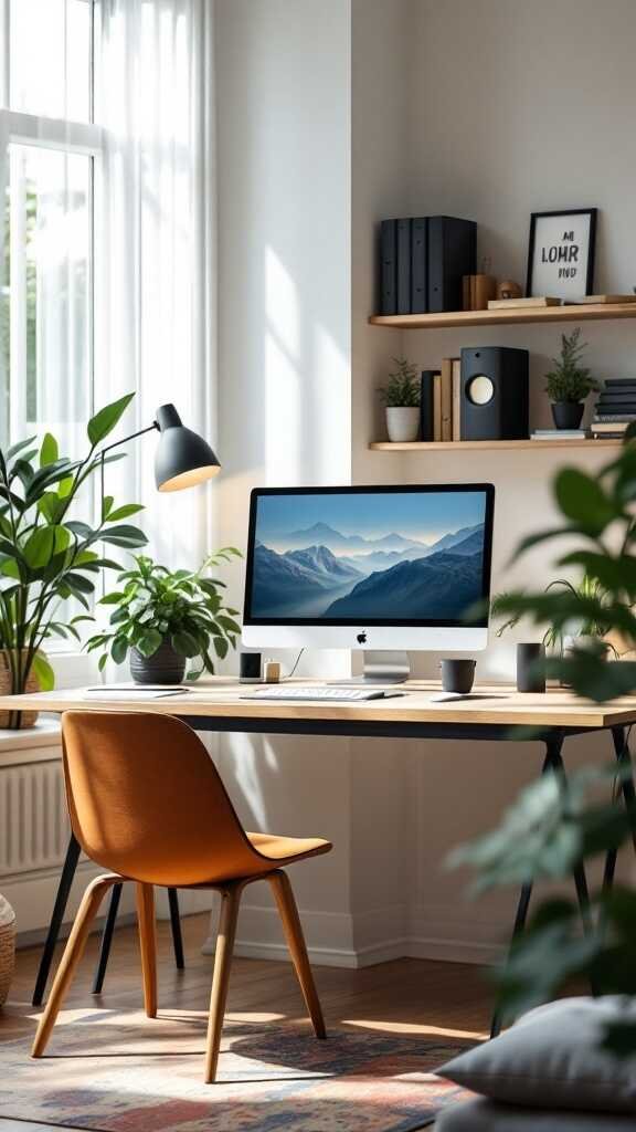 A modern home office setup featuring a desk with a computer, plants, and a comfortable chair.