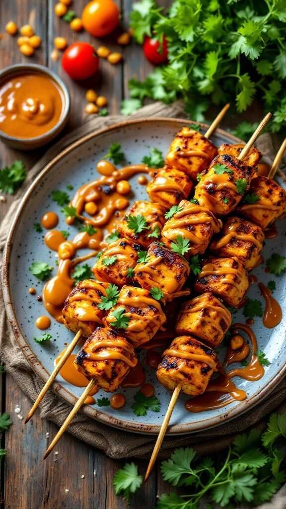 Delicious Tempeh Satay Skewers drizzled with peanut sauce and garnished with cilantro.