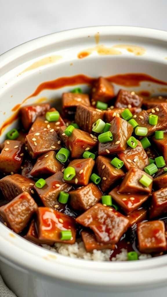 A bowl of Teriyaki Beef with sesame seeds and green onions, perfect for a slow cooker recipe.