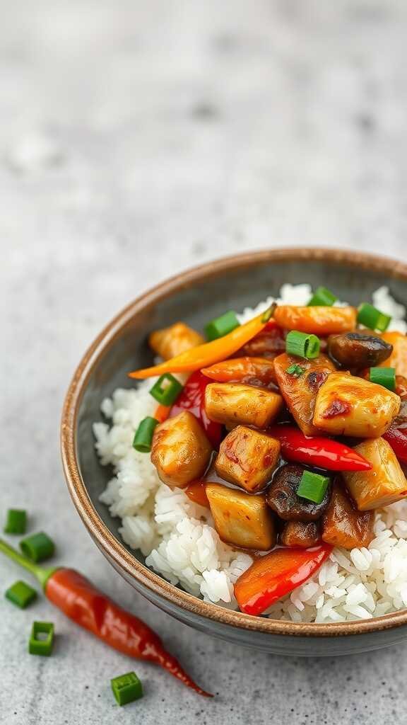 A bowl of Teriyaki Chicken Stir-Fry served over rice with colorful vegetables.