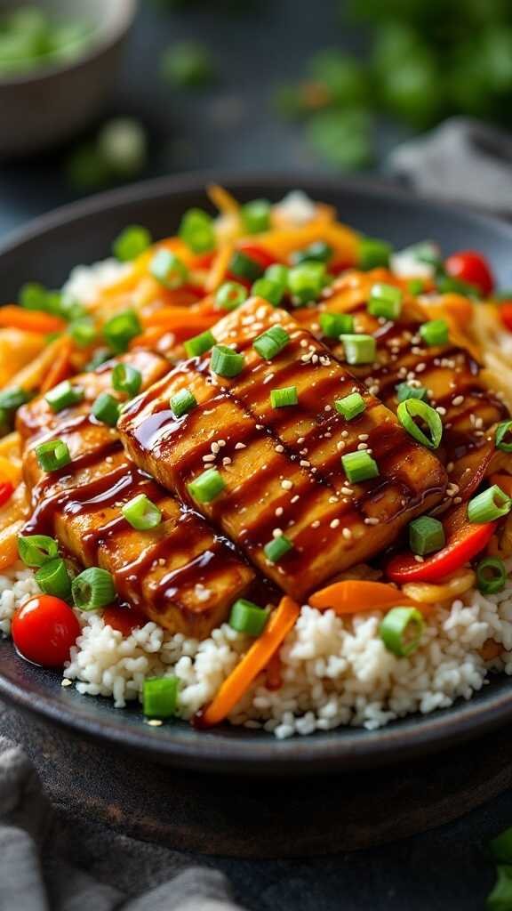 A delicious plate of teriyaki tofu served with rice and vegetables.