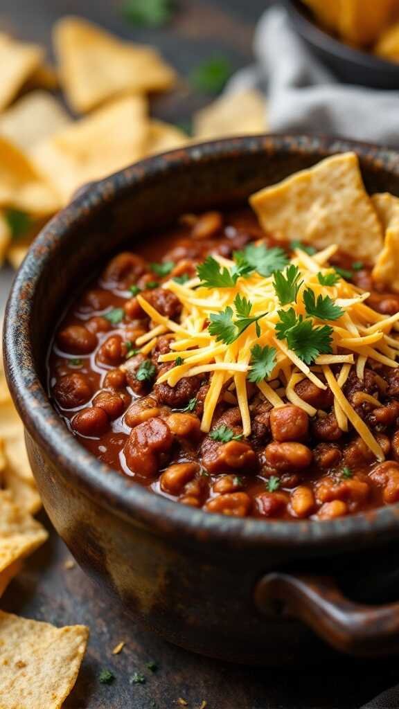 A bowl of Texas Beef Chili topped with cheese and cilantro, served with tortilla chips.