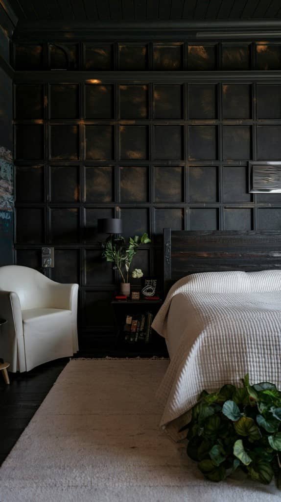 a dark bedroom featuring textured wall panels that create visual interest and depth