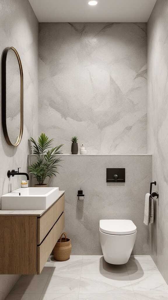 A modern small bathroom featuring textured walls, a wooden vanity, and minimalistic decor.