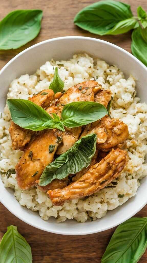 A serving of Thai Basil Chicken with fresh basil leaves and cauliflower rice