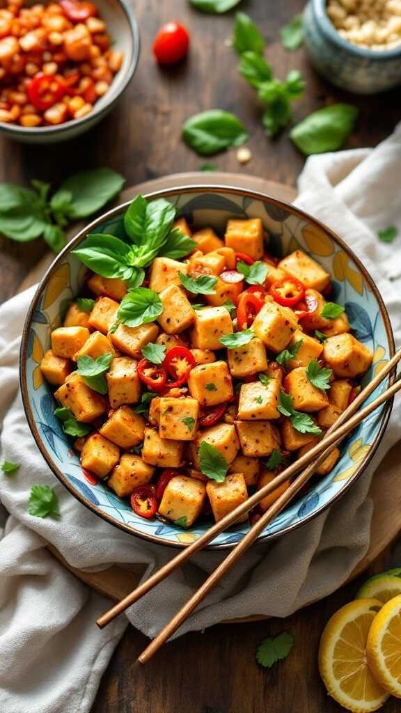 A colorful bowl of Thai Basil Tofu Stir Fry with fresh ingredients.