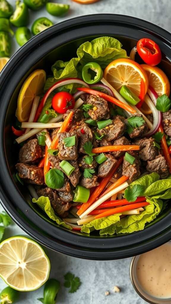 A vibrant Thai beef salad with fresh vegetables and lime dressing in a slow cooker.