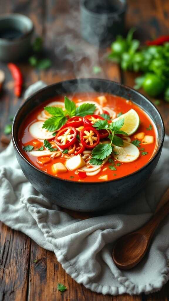 A bowl of aromatic Thai coconut soup garnished with fresh herbs and chilies.