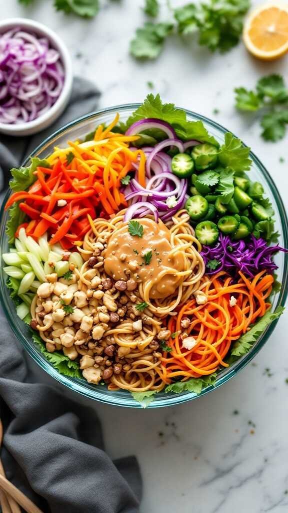 A vibrant Thai Peanut Noodle Salad filled with colorful vegetables and noodles topped with peanut sauce.
