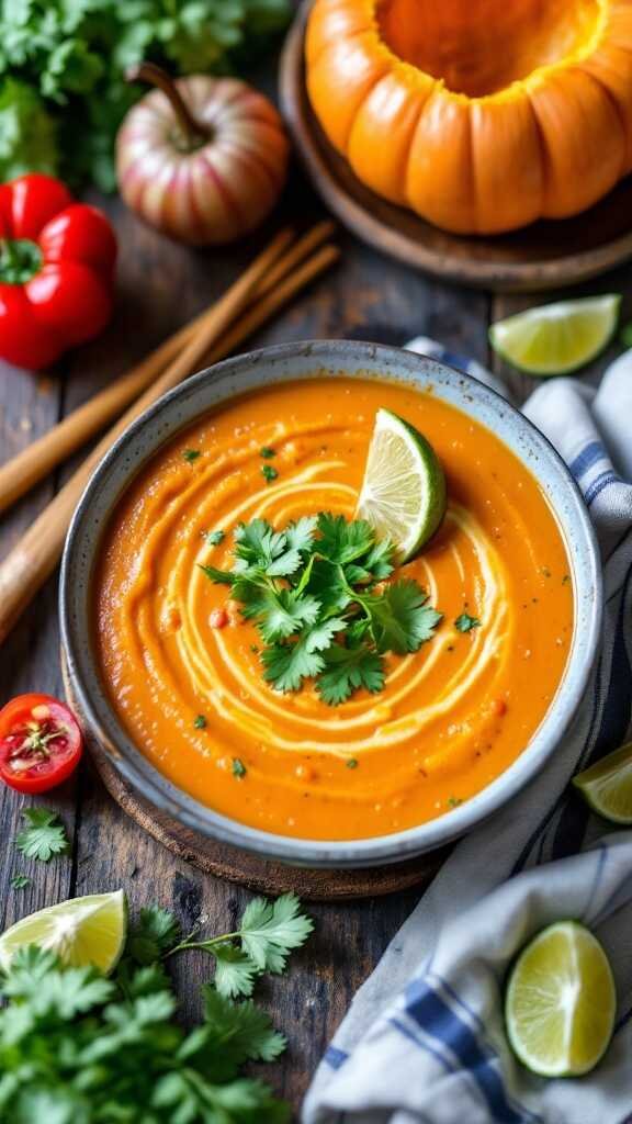 A bowl of Thai Red Curry Butternut Squash Soup garnished with cilantro and lime.