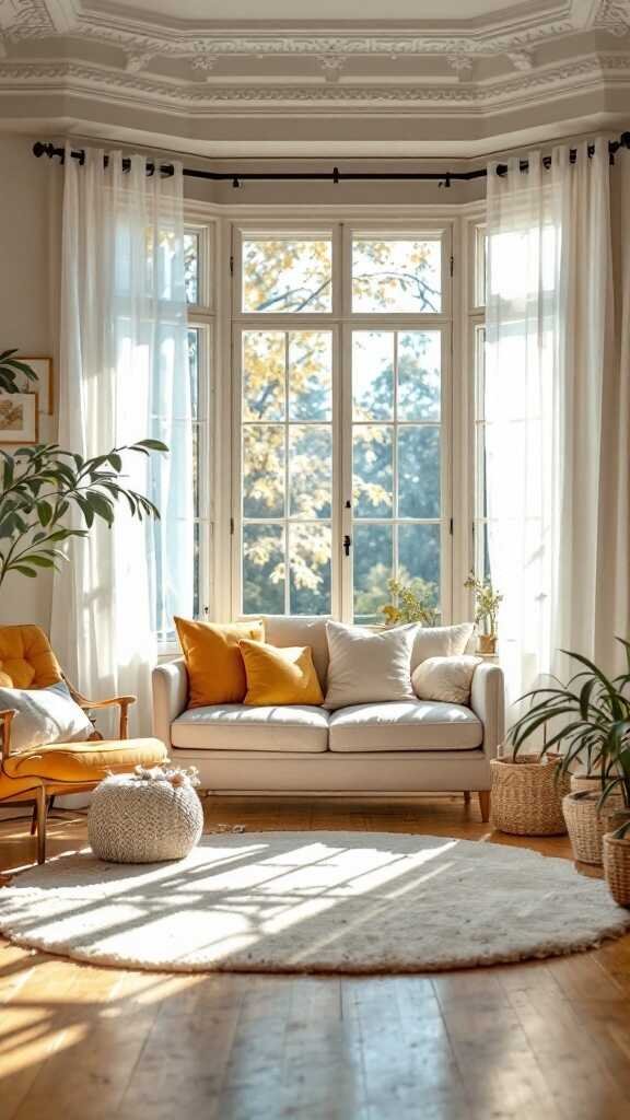 A cozy home office with large windows allowing natural light to fill the space, featuring a comfortable sofa and plants.