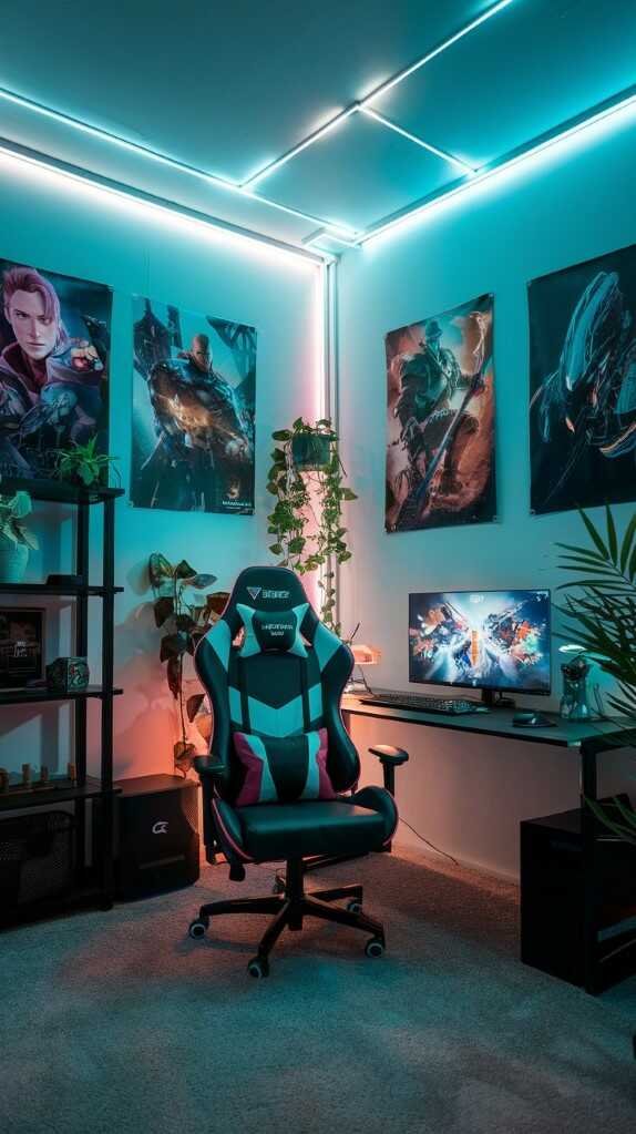 A stylish gaming bedroom featuring a cozy bed, gaming desk, and plants, with warm lighting and a central TV.