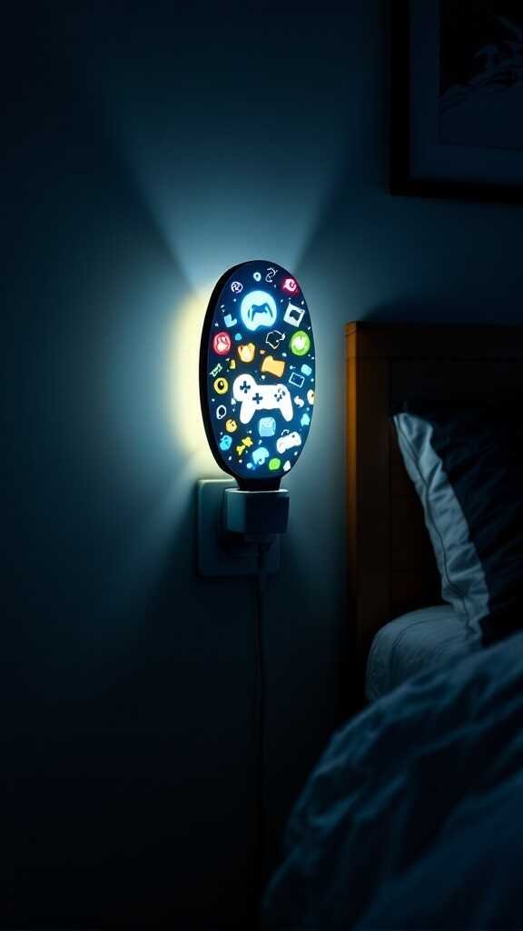 A colorful gaming-themed night light shaped like a controller, illuminating a boy's bedroom.