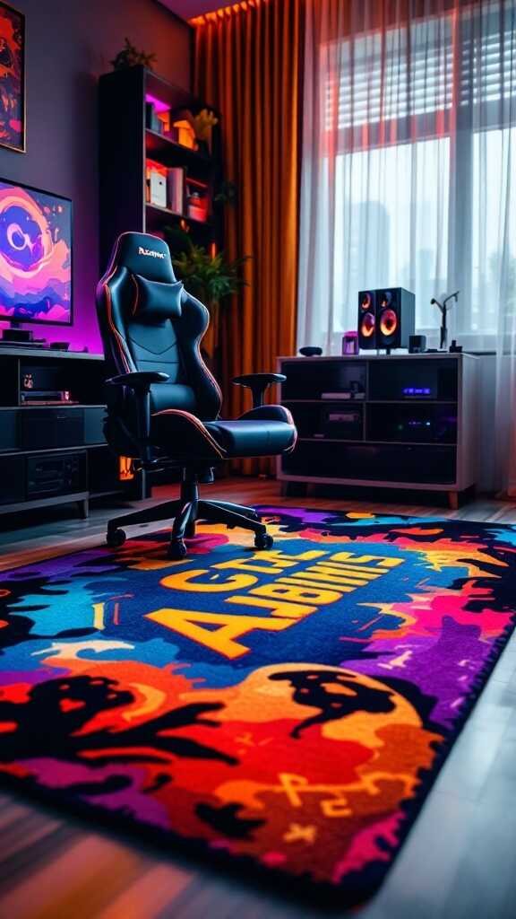 A colorful gaming rug in a stylish gaming room.