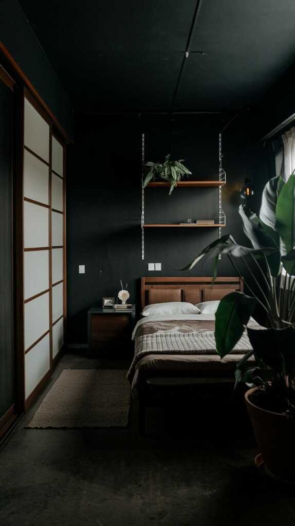 A dark bedroom featuring a cozy bed, a bedside lamp, and a plant.