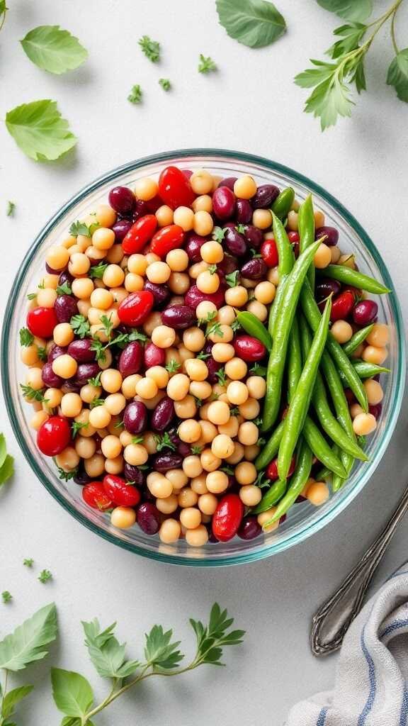 A vibrant three bean salad with red and green ingredients.