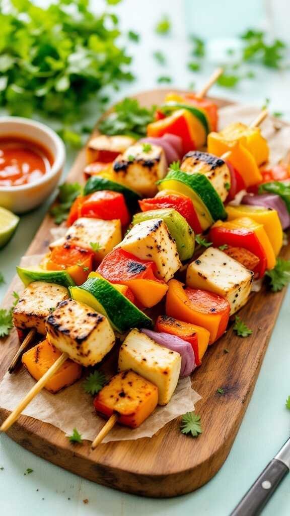 Colorful tofu and vegetable skewers on a wooden board