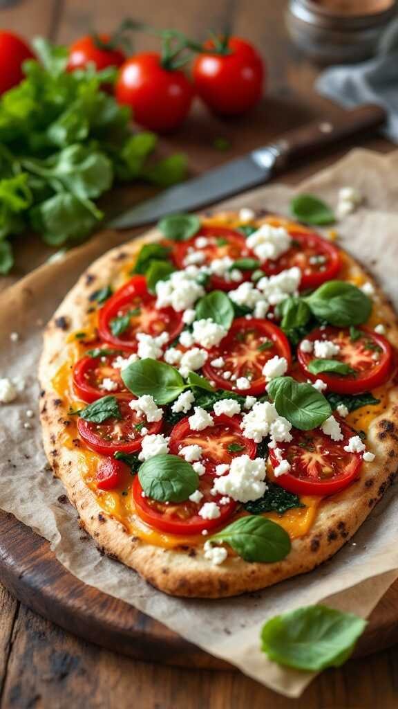 Vegetarian flatbread topped with tomatoes, spinach, and feta cheese.