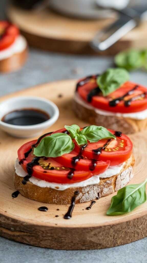 A delicious Tomato Basil Caprese Toast with layers of fresh ingredients.