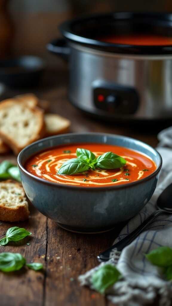 A bowl of tomato basil soup garnished with basil leaves, served with bread.