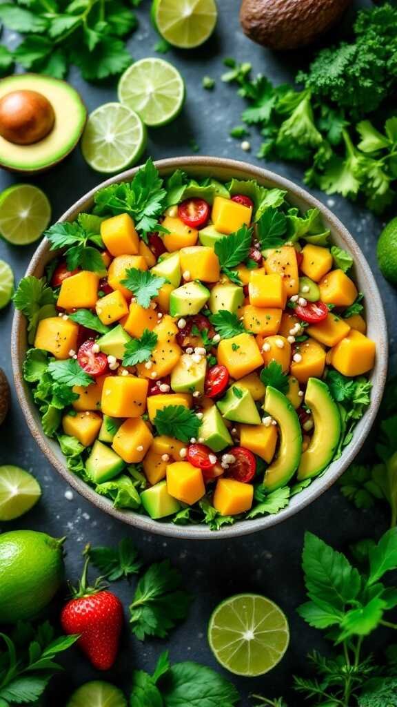 Bowl of tropical mango and avocado salad with fresh ingredients.