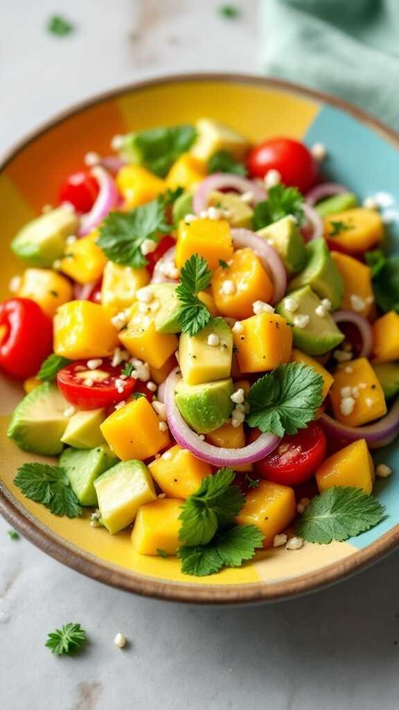 A vibrant Tropical Mango Avocado Salad with diced mango, avocado, cherry tomatoes, red onion, and cilantro.