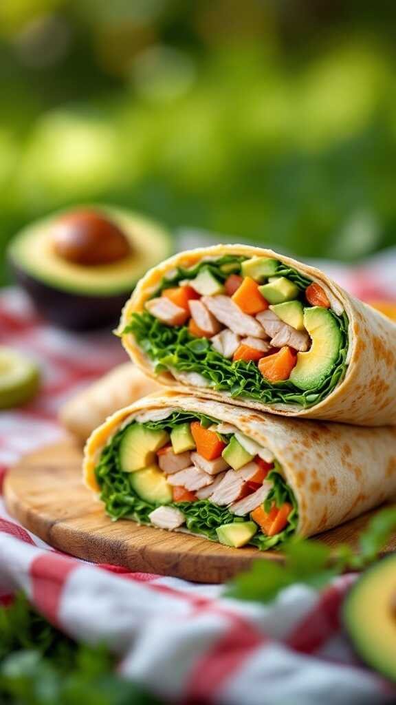 A delicious turkey and avocado wrap cut in half, showcasing colorful veggies.