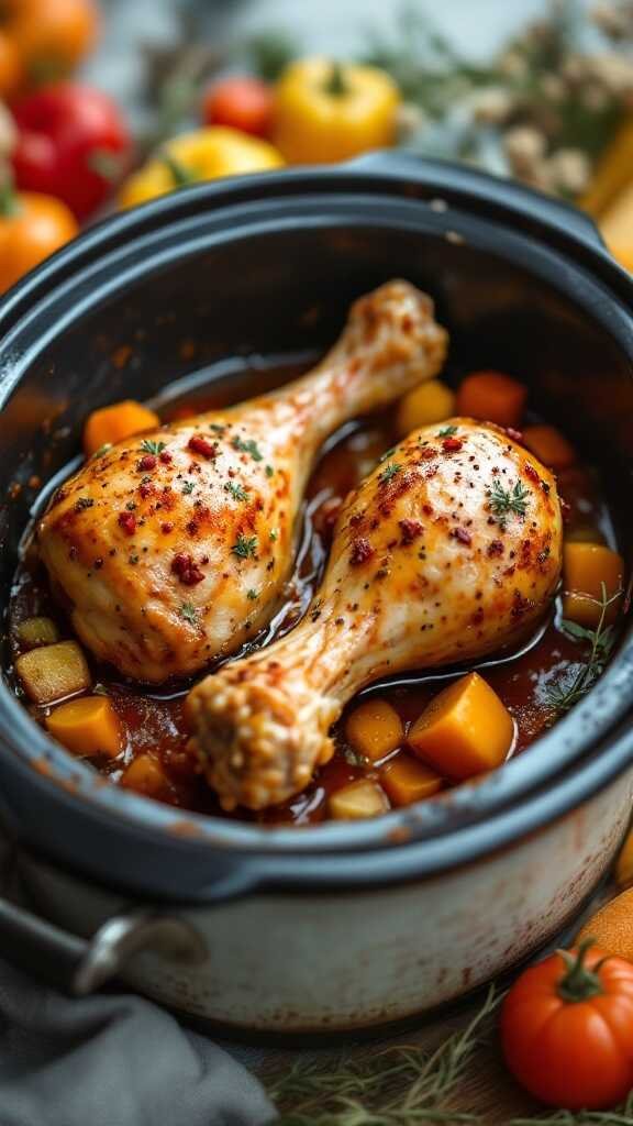 Delicious turkey drumsticks in a slow cooker with vegetables.