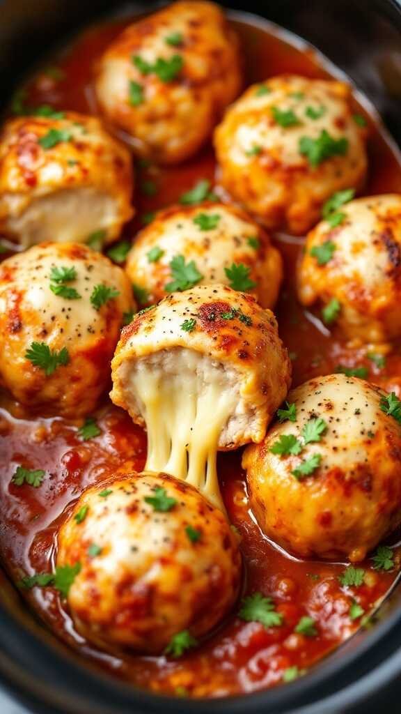 Turkey meatballs stuffed with cheese served in marinara sauce, garnished with parsley.